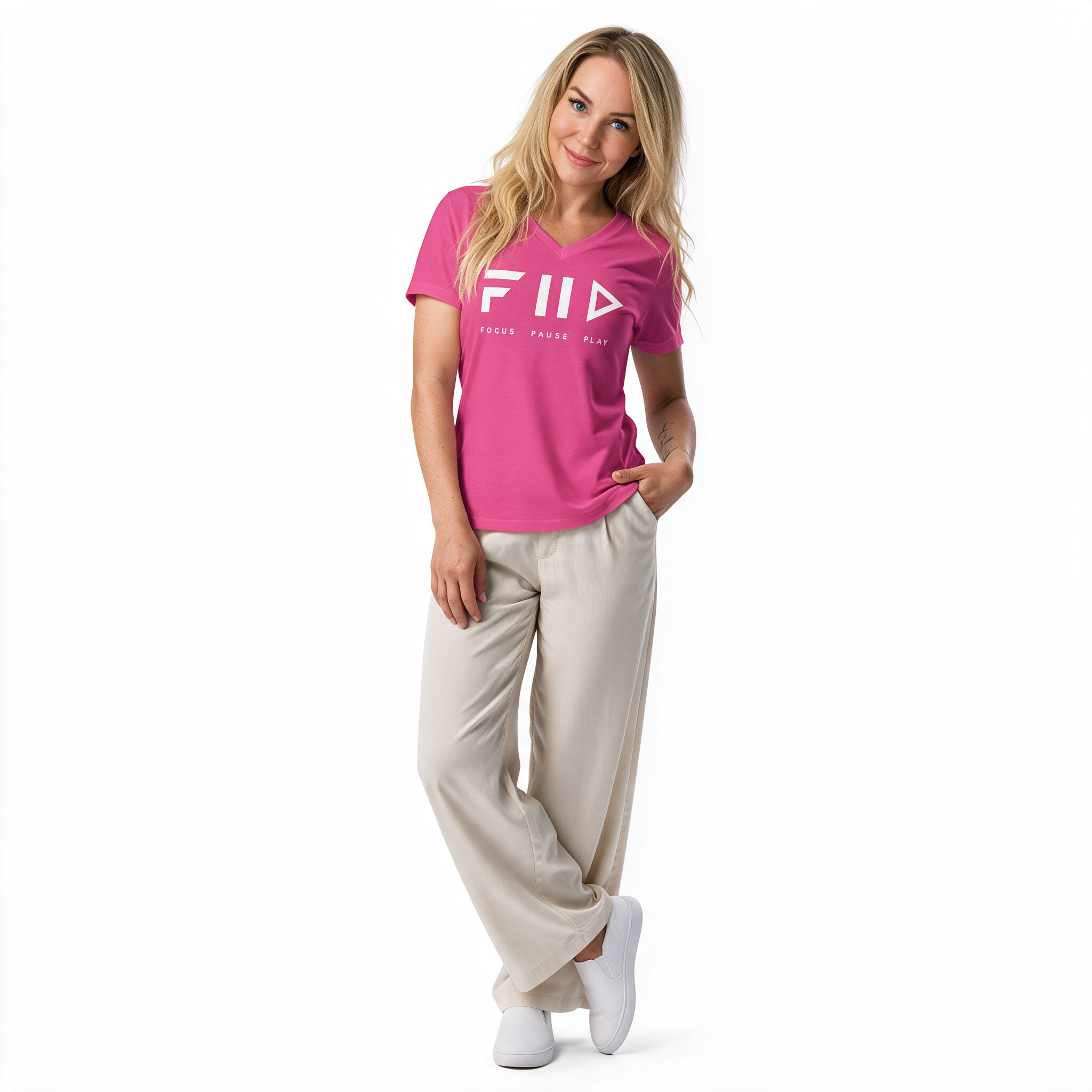 Women’s Relaxed V-neck T-shirt - FIID - White Print